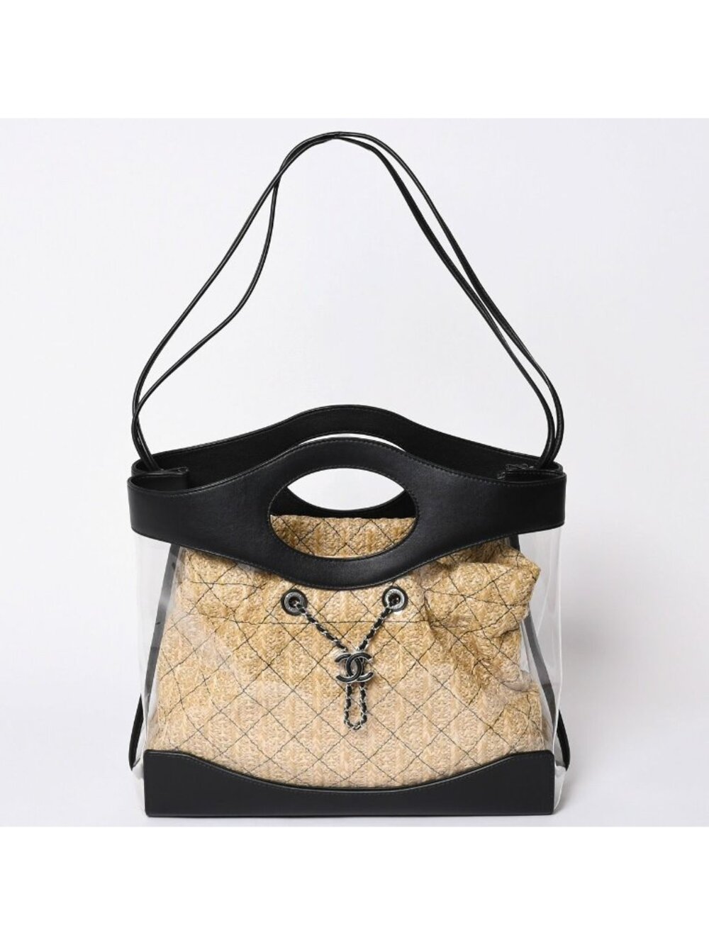 Chanel 2-Way Shoulder Bag CC Logo Vinyl Linen Lambskin Black Silver